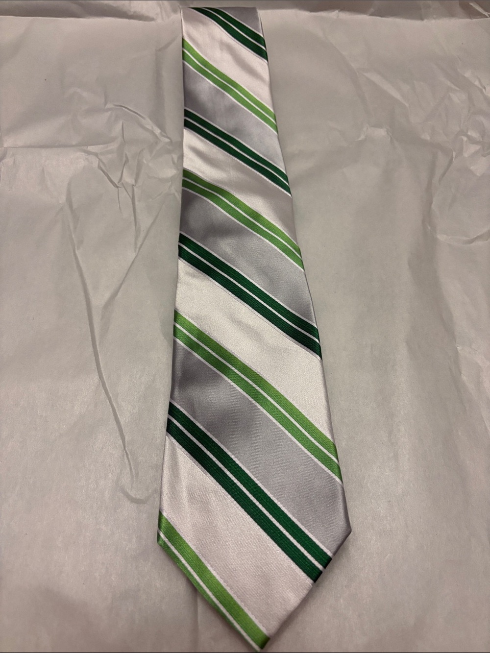 Express Silver Tie with Light and Dark Green Stripes